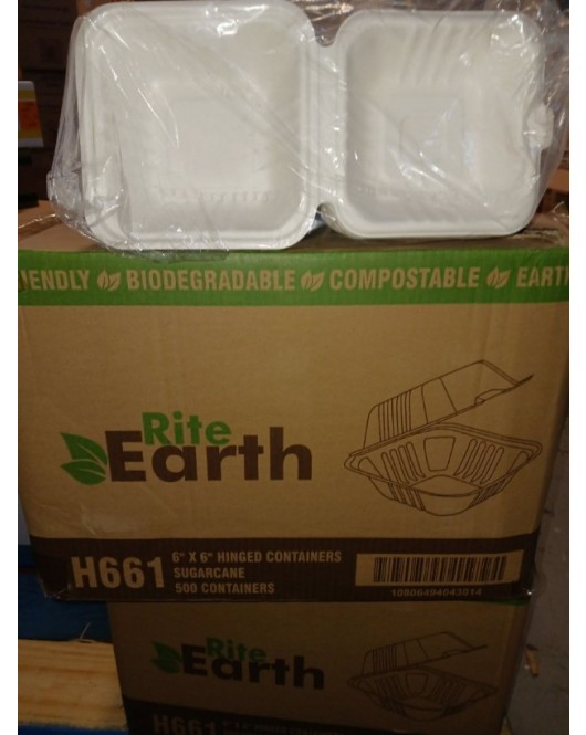 Bagasse hinged containers with ribs 6x6x3 case of 500 