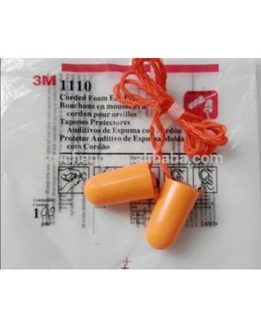 3M 1110 Foam Earplugs - Corded - Box of 100 Pairs