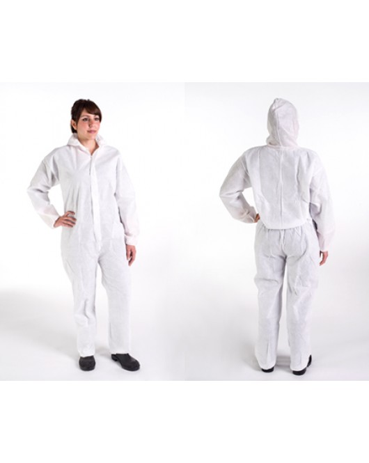 COVERALL WHITE 60G SMS POLYPROPYLENE HOODED case of 25 