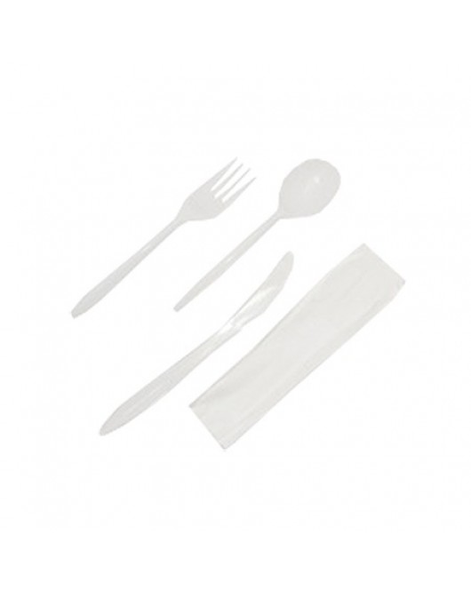 White Medium Weight 6 Piece Kit - Knife, Fork, Spoon, Napkin salt , paper - 250 per case